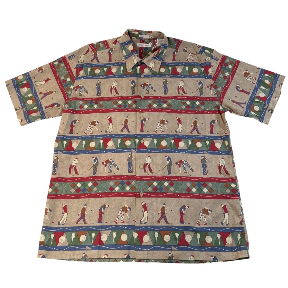 VTG Burma Bibas Mens L Golf Print Shirt Cotton Camp Short Sleeve Multicolor